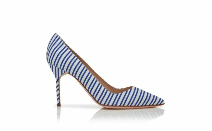 Women Blue Cotton Striped Pointed Toe Pumps Manolo Blahnik Pumps