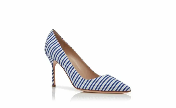Women Blue Cotton Striped Pointed Toe Pumps Manolo Blahnik Pumps