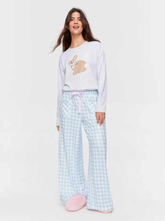 Women Blue Plush Gingham Wide Leg Pj Pant Multi Peter Alexander Pants