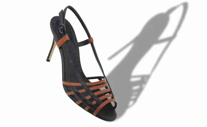 Women Brown And Navy Nappa Leather Slingback Sandals Manolo Blahnik Sandals