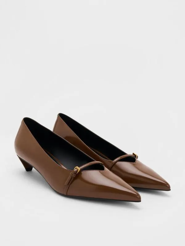 Women Buckled PointedToe KittenHeel Pumps 8211 Brown CHARLES and KEITH Heels