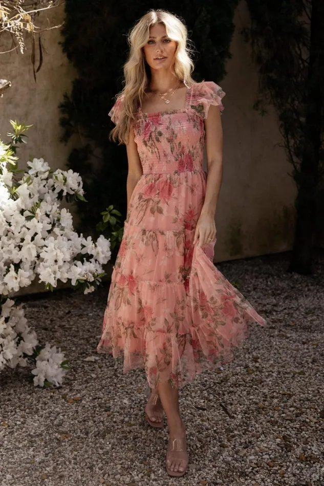 Women Bump Friendly Baltic Born Clementine Tulle Midi Dress Pink Rose Floral
