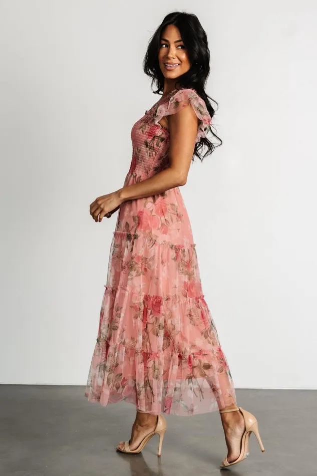 Women Bump Friendly Baltic Born Clementine Tulle Midi Dress Pink Rose Floral