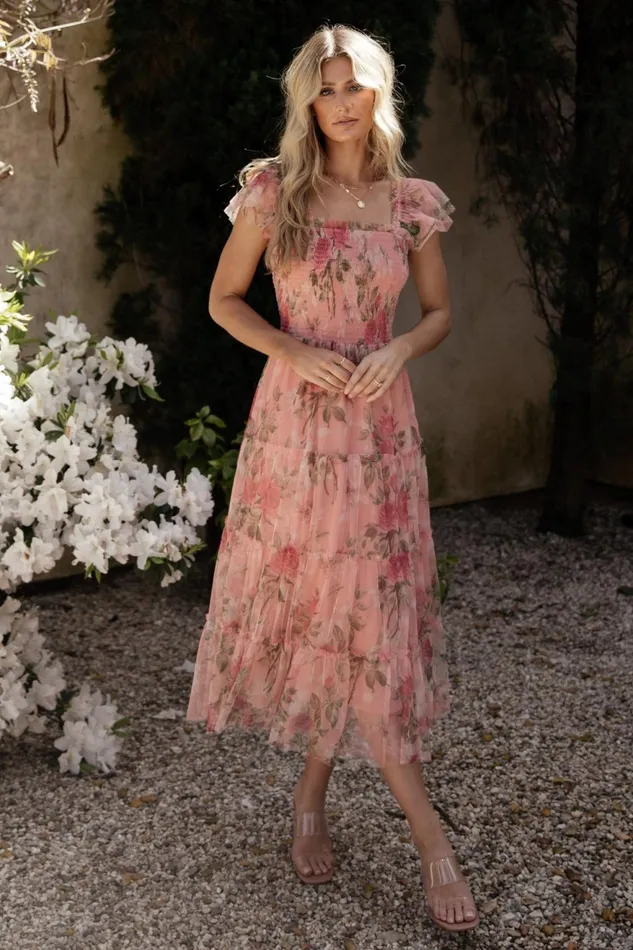 Women Bump Friendly Baltic Born Clementine Tulle Midi Dress Pink Rose Floral
