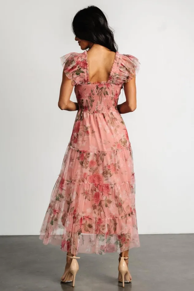 Women Bump Friendly Baltic Born Clementine Tulle Midi Dress Pink Rose Floral