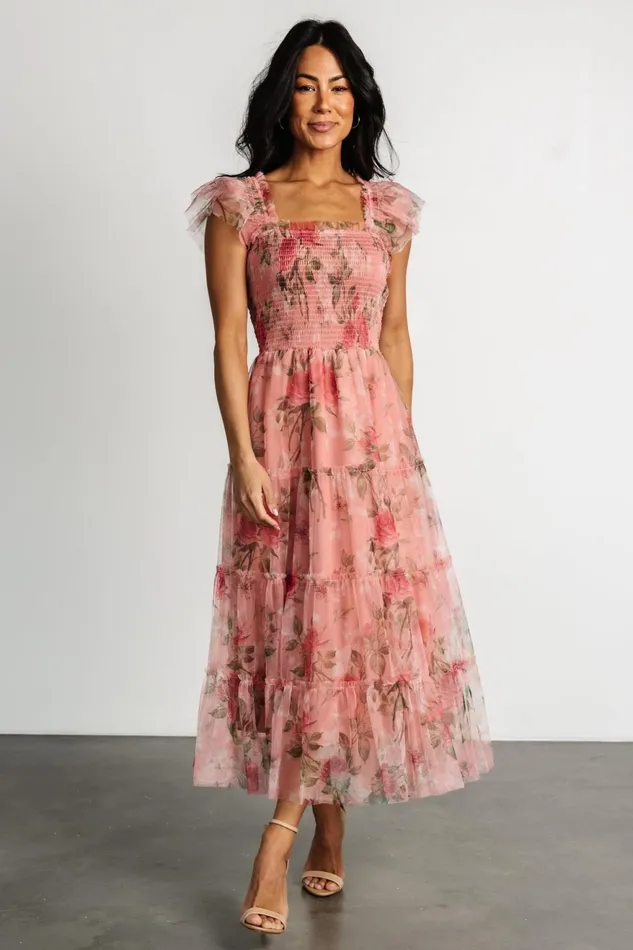 Women Bump Friendly Baltic Born Clementine Tulle Midi Dress Pink Rose Floral