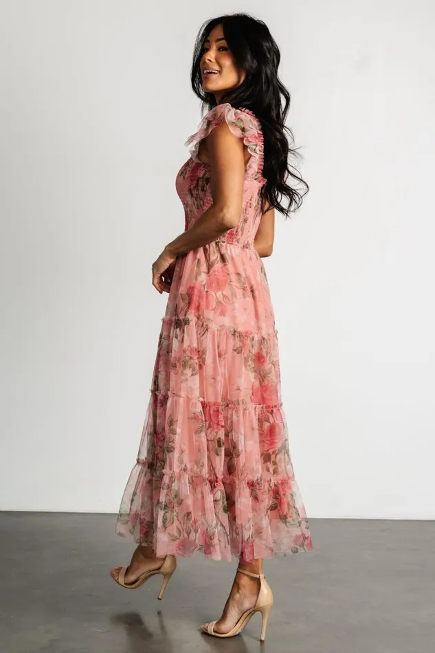 Women Bump Friendly Baltic Born Clementine Tulle Midi Dress Pink Rose Floral