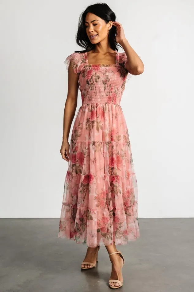 Women Bump Friendly Baltic Born Clementine Tulle Midi Dress Pink Rose Floral