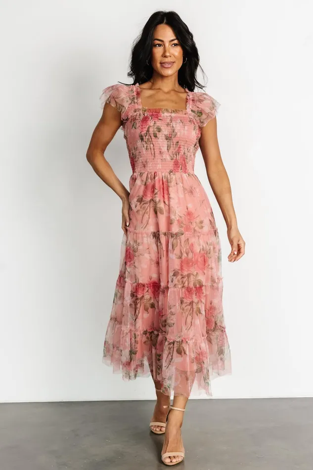 Women Bump Friendly Baltic Born Clementine Tulle Midi Dress Pink Rose Floral