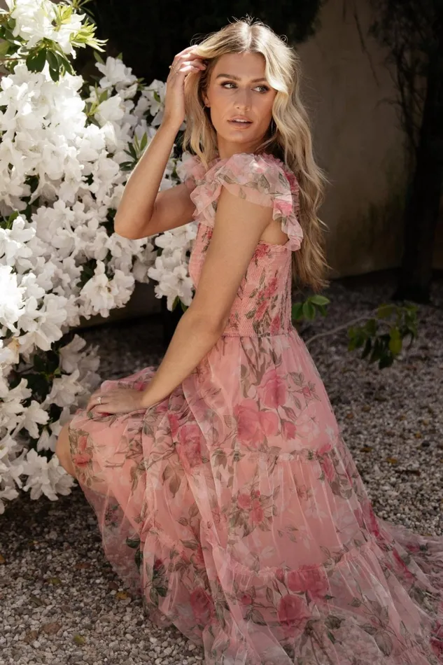 Women Bump Friendly Baltic Born Clementine Tulle Midi Dress Pink Rose Floral