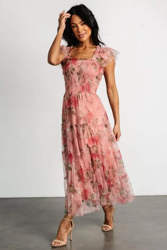 Women Bump Friendly Baltic Born Clementine Tulle Midi Dress Pink Rose Floral