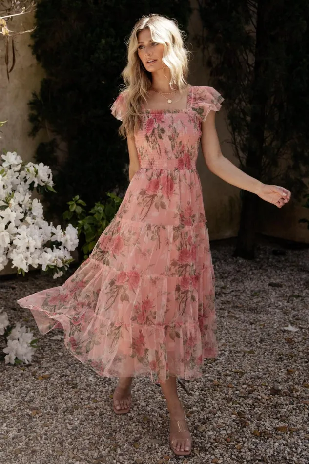 Women Bump Friendly Baltic Born Clementine Tulle Midi Dress Pink Rose Floral