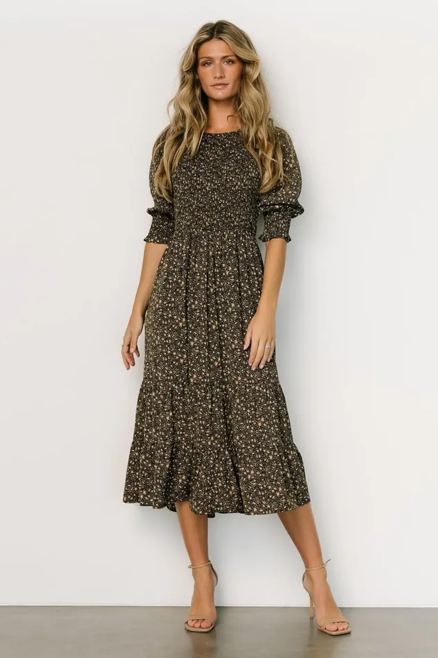 Women Bump Friendly Baltic Born Pele Tiered Midi Dress Black Floral