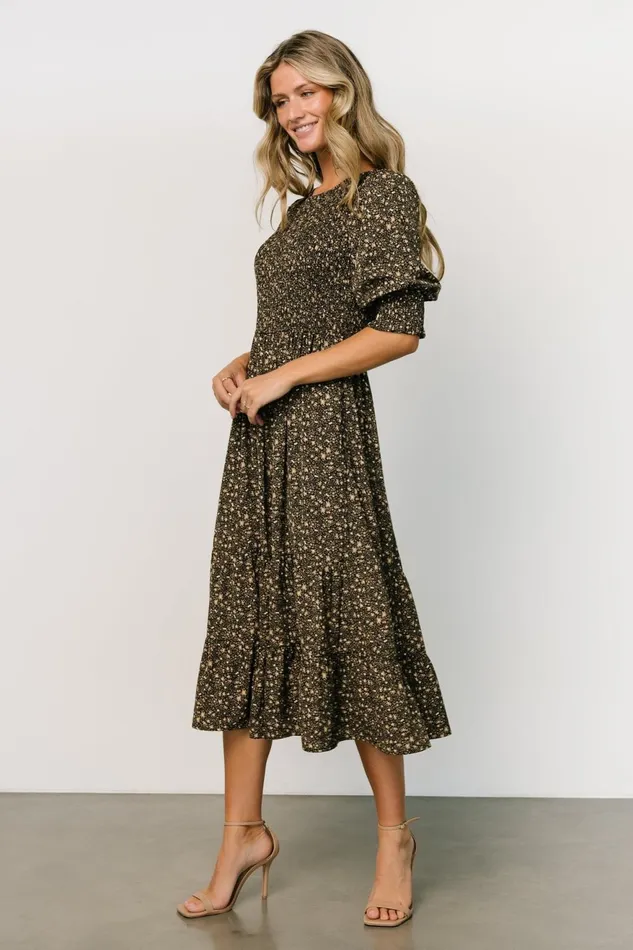 Women Bump Friendly Baltic Born Pele Tiered Midi Dress Black Floral