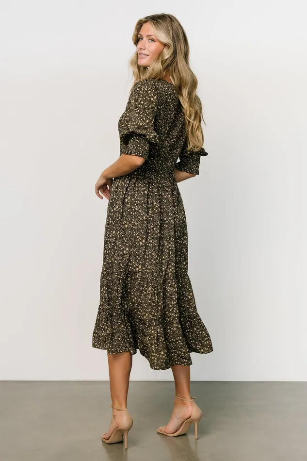 Women Bump Friendly Baltic Born Pele Tiered Midi Dress Black Floral