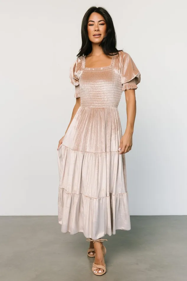 Women Bump Friendly Baltic Born Vivaldi Smocked Velvet Midi Dress Champagne