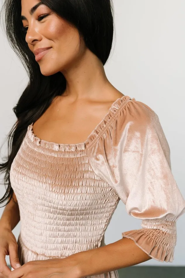 Women Bump Friendly Baltic Born Vivaldi Smocked Velvet Midi Dress Champagne