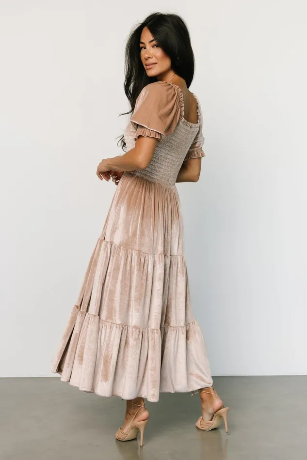 Women Bump Friendly Baltic Born Vivaldi Smocked Velvet Midi Dress Champagne