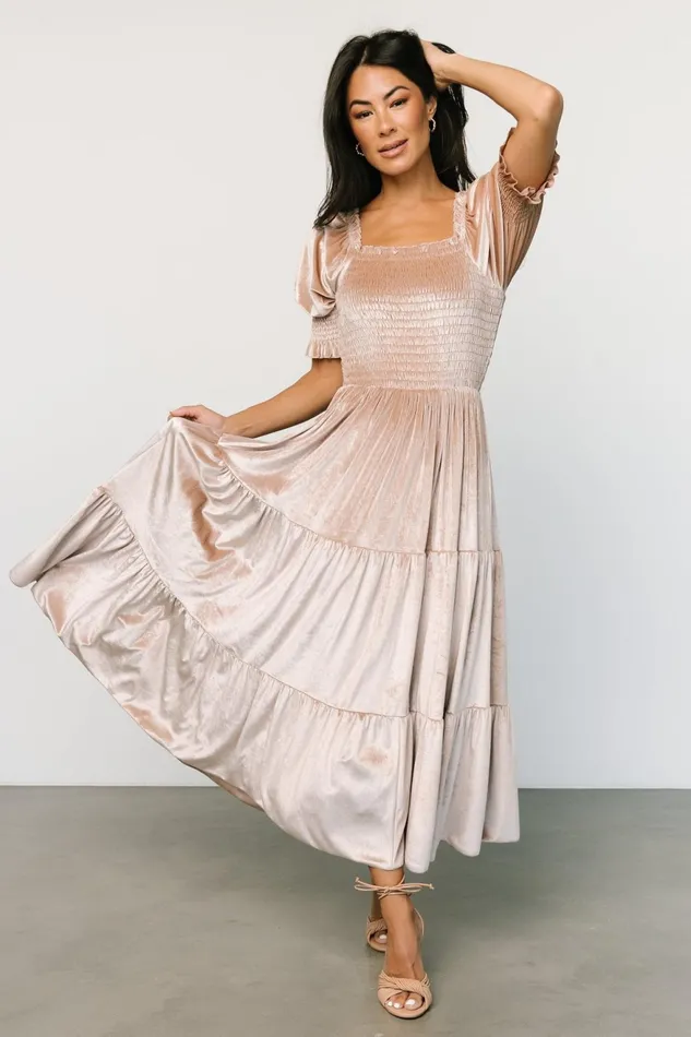 Women Bump Friendly Baltic Born Vivaldi Smocked Velvet Midi Dress Champagne