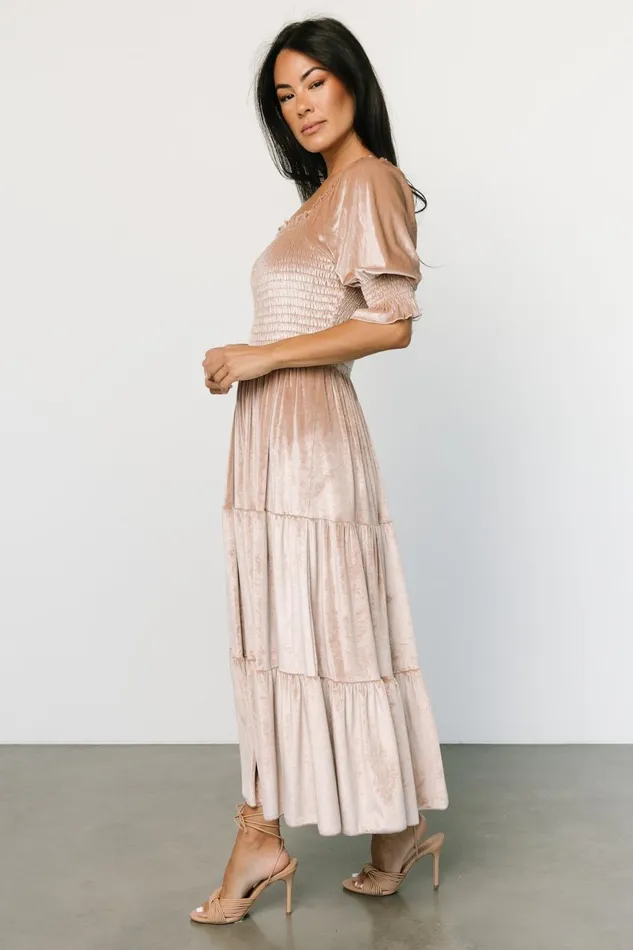 Women Bump Friendly Baltic Born Vivaldi Smocked Velvet Midi Dress Champagne