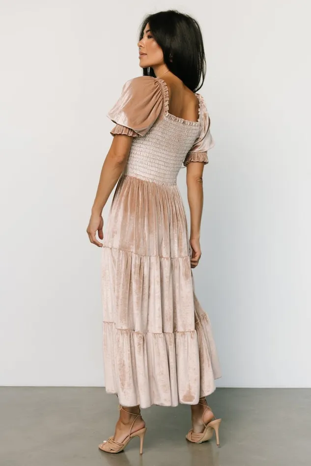 Women Bump Friendly Baltic Born Vivaldi Smocked Velvet Midi Dress Champagne