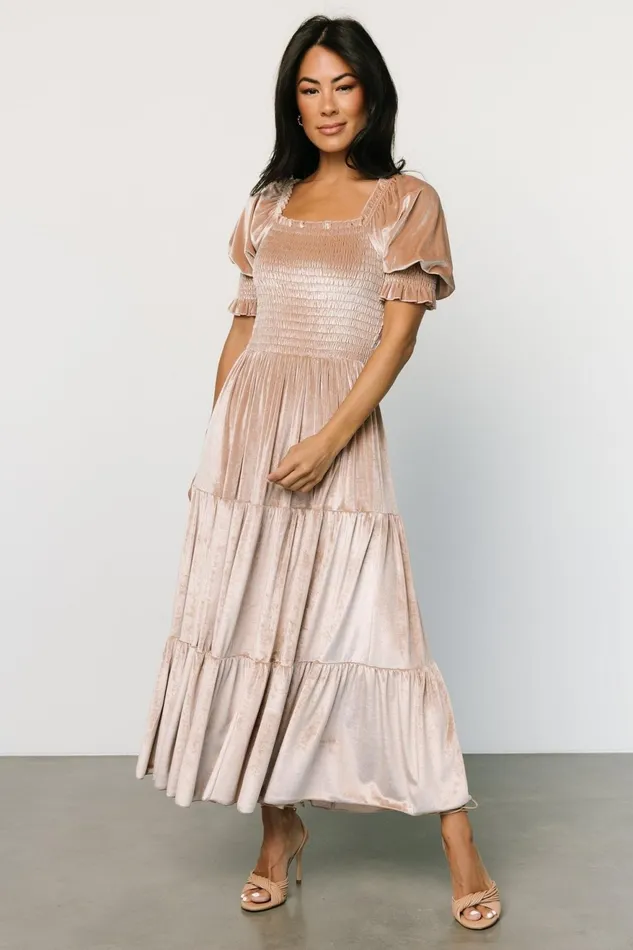 Women Bump Friendly Baltic Born Vivaldi Smocked Velvet Midi Dress Champagne