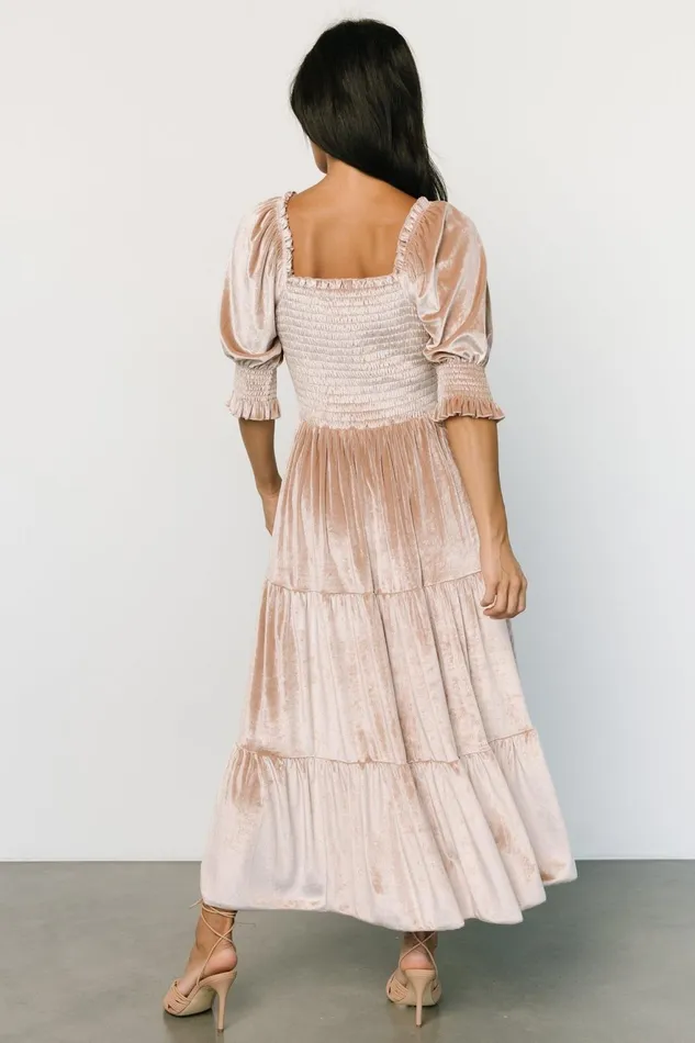 Women Bump Friendly Baltic Born Vivaldi Smocked Velvet Midi Dress Champagne