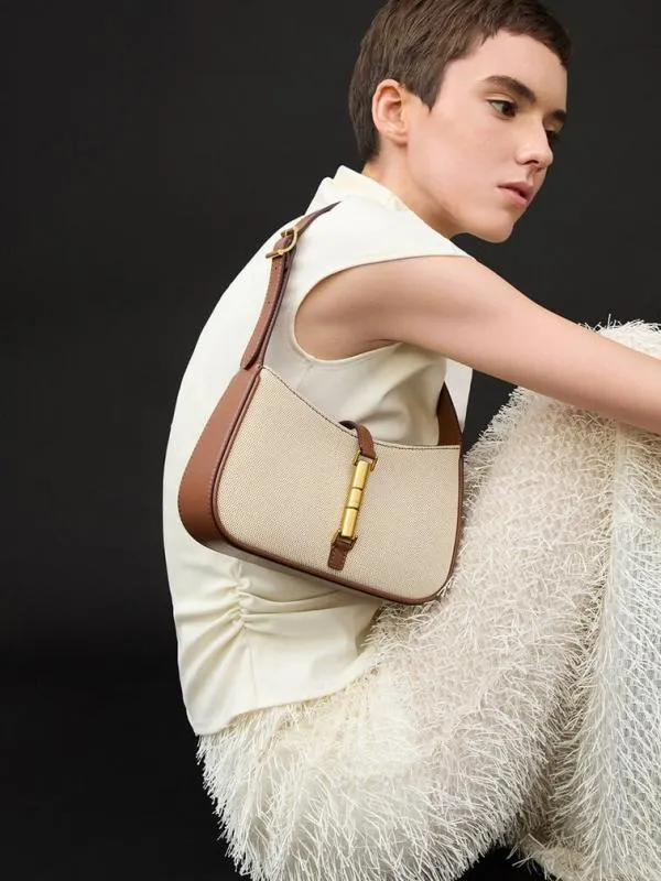 Women Cesia Canvas Metallic Accent Shoulder Bag 8211 Chocolate CHARLES and KEITH Shoulder Bags
