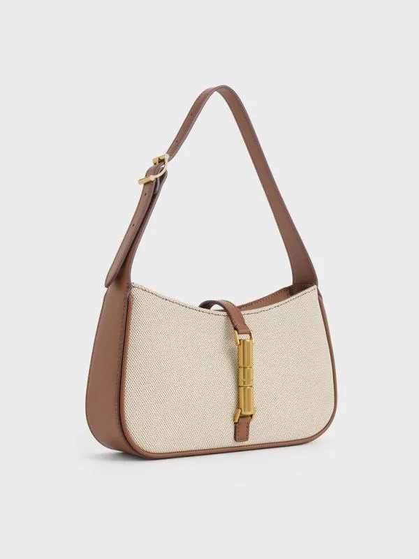 Women Cesia Canvas Metallic Accent Shoulder Bag 8211 Chocolate CHARLES and KEITH Shoulder Bags