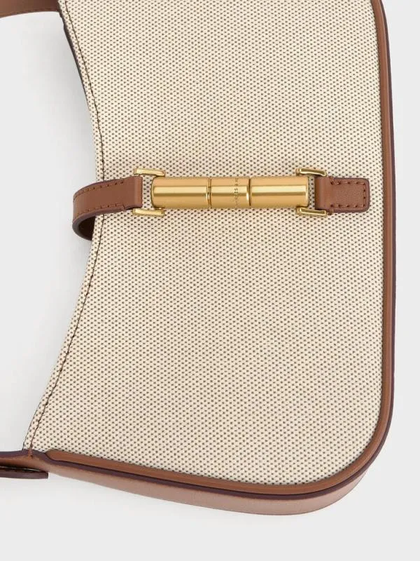 Women Cesia Canvas Metallic Accent Shoulder Bag 8211 Chocolate CHARLES and KEITH Shoulder Bags