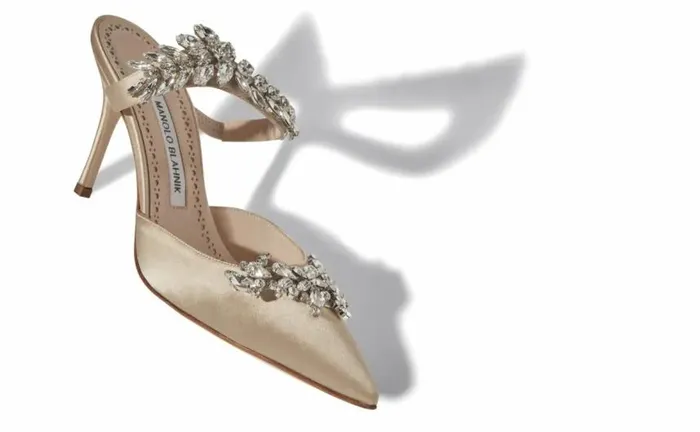 Women Champagne Satin Crystal Embellished Mules Manolo Blahnik Mules