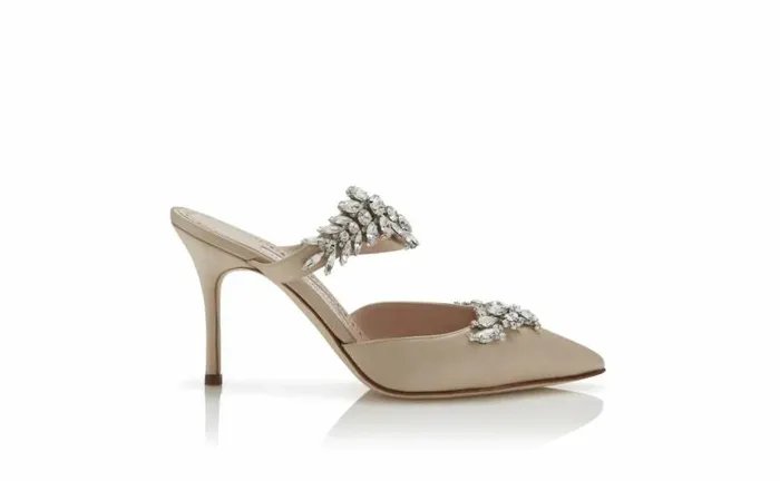 Women Champagne Satin Crystal Embellished Mules Manolo Blahnik Mules