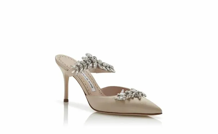 Women Champagne Satin Crystal Embellished Mules Manolo Blahnik Mules