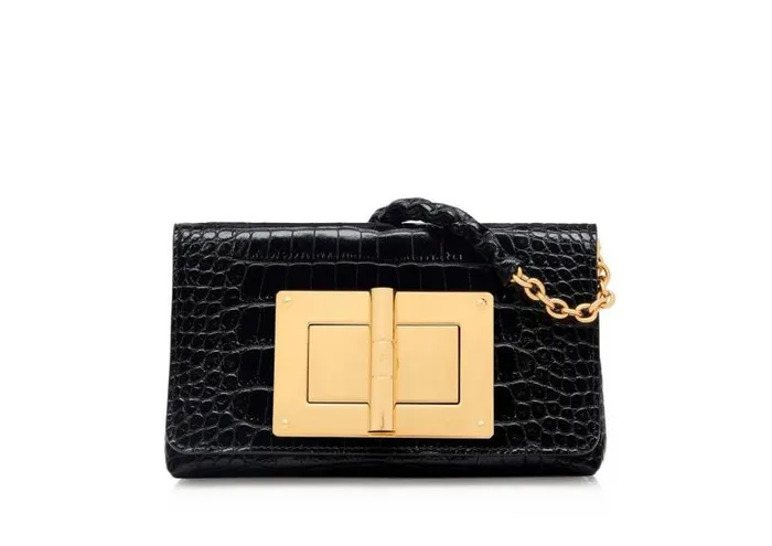 Women Clutches Tom Ford Shiny Stamped Crocodile Leather Natalia Mini Shoulder Bag Black