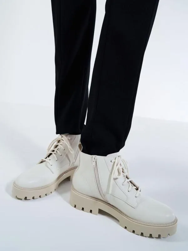 Women Commute LaceUp Chunky Ankle Boots 8211 Chalk CHARLES and KEITH Boots Women Commute LaceUp Chunky Ankle Boots 8211 Chalk CHARLES and KEITH Boots