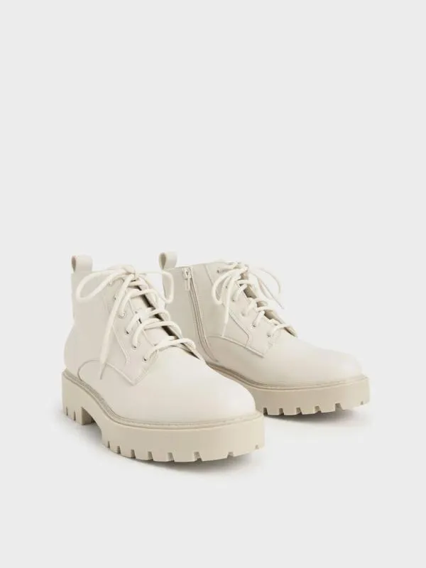 Women Commute LaceUp Chunky Ankle Boots 8211 Chalk CHARLES and KEITH Boots Women Commute LaceUp Chunky Ankle Boots 8211 Chalk CHARLES and KEITH Boots