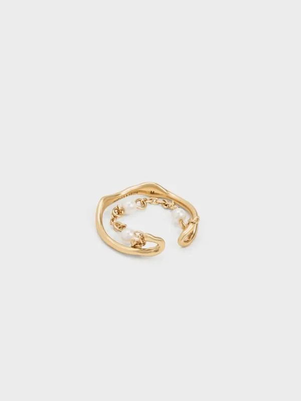 Women Corrine Pearl ChainLink Double Ring 8211 Brush Gold CHARLES and KEITH Rings