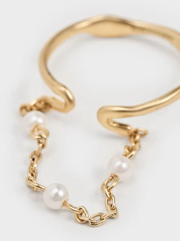 Women Corrine Pearl ChainLink Double Ring 8211 Brush Gold CHARLES and KEITH Rings