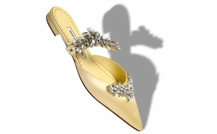 Women Cream Satin Crystal Embellished Flat Mules Manolo Blahnik Flats