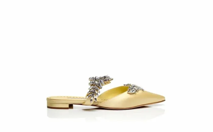 Women Cream Satin Crystal Embellished Flat Mules Manolo Blahnik Flats