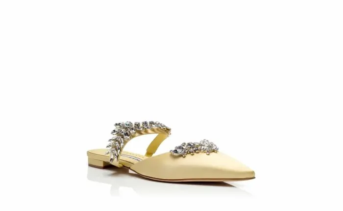 Women Cream Satin Crystal Embellished Flat Mules Manolo Blahnik Flats
