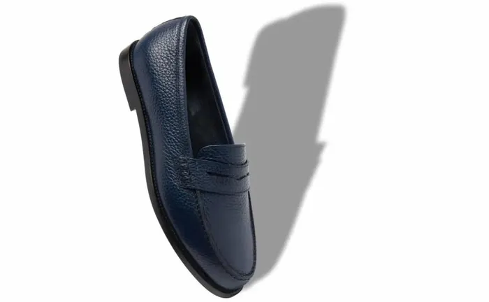Women Dark Blue Calf Leather Penny Loafers Manolo Blahnik Flats
