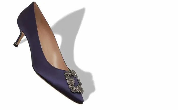 Women Dark Blue Satin Jewel Buckle Pumps Manolo Blahnik Pumps