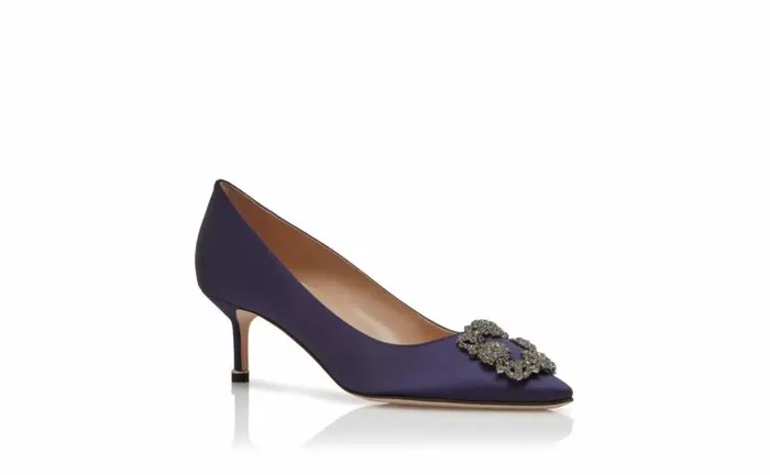 Women Dark Blue Satin Jewel Buckle Pumps Manolo Blahnik Pumps