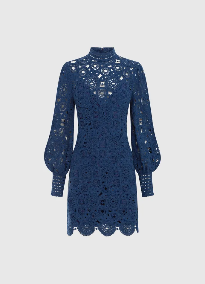 Women Dresses and Jumpsuits LEO LIN Daisy Crochet Long Sleeve Mini Dress 8211 Navy