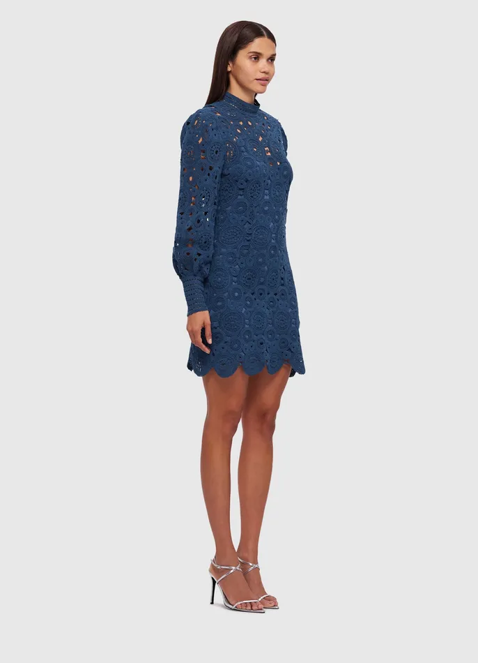 Women Dresses and Jumpsuits LEO LIN Daisy Crochet Long Sleeve Mini Dress 8211 Navy