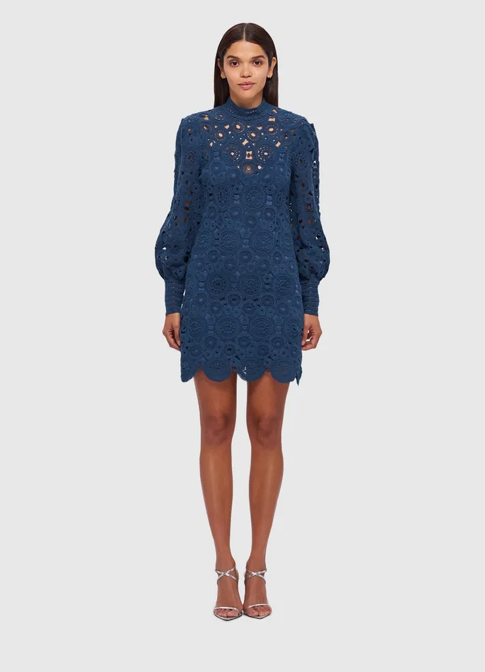 Women Dresses and Jumpsuits LEO LIN Daisy Crochet Long Sleeve Mini Dress 8211 Navy