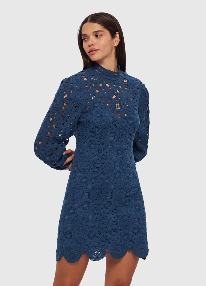 Women Dresses and Jumpsuits LEO LIN Daisy Crochet Long Sleeve Mini Dress 8211 Navy