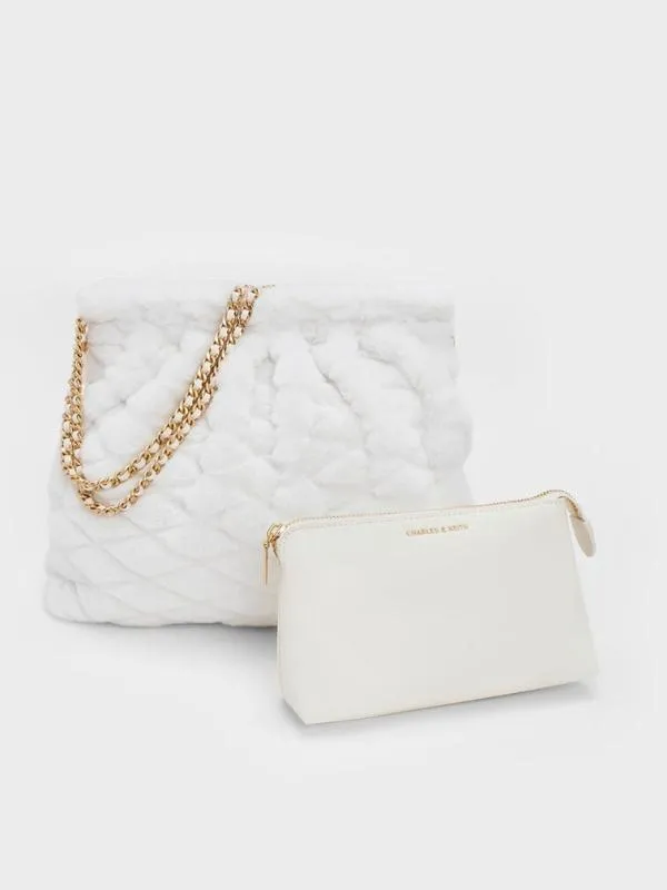 Women Duo Furry ChainHandle Hobo Bag 8211 White CHARLES and KEITH Hobo Bags