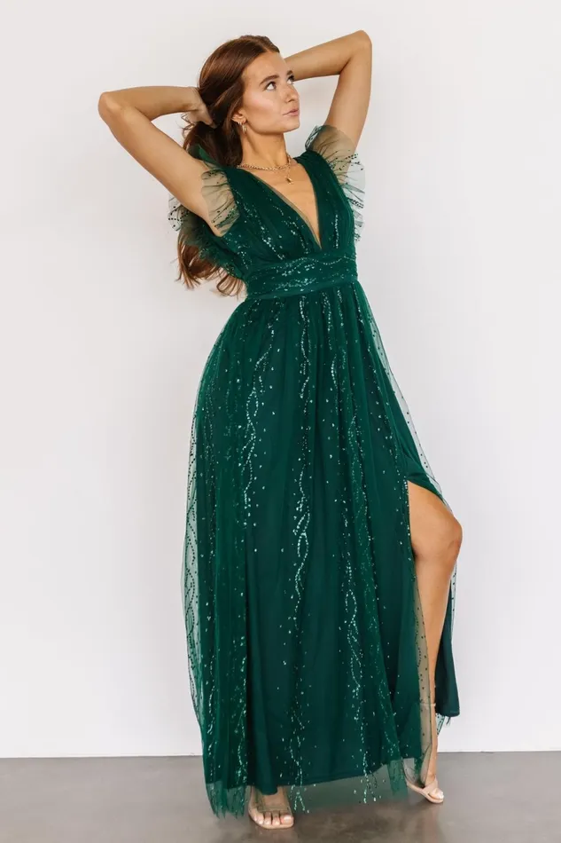 Women Embellished Sequin Baltic Born Annika Sequin Mesh Maxi Dress Green